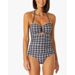 Anne Cole Bandeau Shirred Keyhole One Piece Swimsuit Black White Gingham 16 NEW